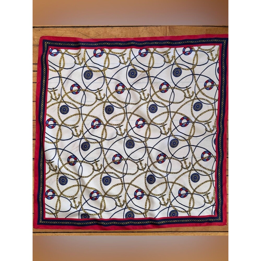 Nautical silk scarf summer beach anchor square red white blue gold